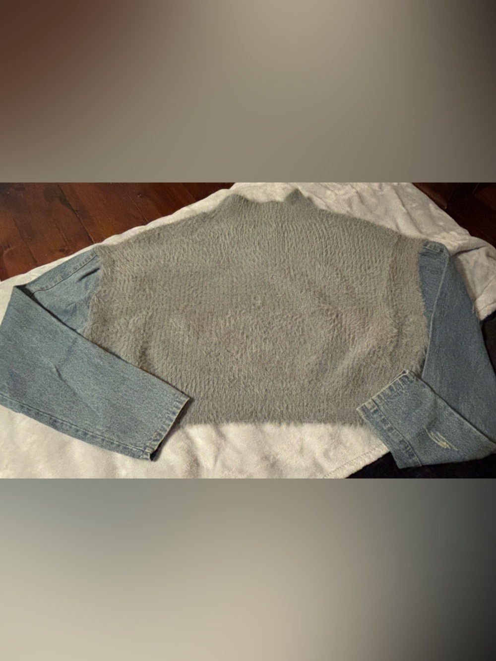 POL Two-Material Crewneck Sweater in Gray with Light Blue Denim Sleeves